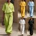 Women's Summer 2 Piece Outfit Short Sleeve Shirt And Loose Pants Set Comfortable Cotton Blend Casual Separates_ecoleips.com