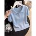 Summer New Women's Sweet Light Blue Collared Short Sleeve Knitted Top Korean Style Gentle Soft T-Shirt 2026_ecoleips.com