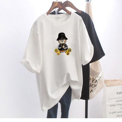 Women's Oversized T-Shirt Korean Style Longline Casual Tee Soft Cotton Blend Short Sleeve Top for Daily Wear with Cartoon Print_ecoleips.com