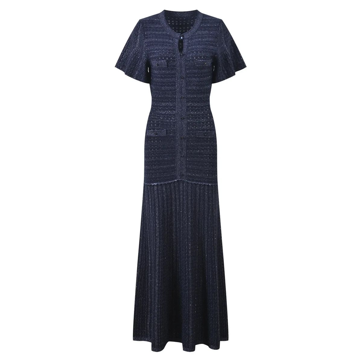 Women's Elegant Round Neck Short Sleeve Belted Lurex Knit Maxi Dress – Slim Fit Spring Gown 2026_ecoleips.com