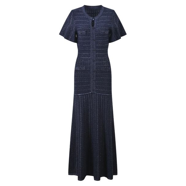 Women's Elegant Round Neck Short Sleeve Belted Lurex Knit Maxi Dress – Slim Fit Spring Gown 2026_ecoleips.com