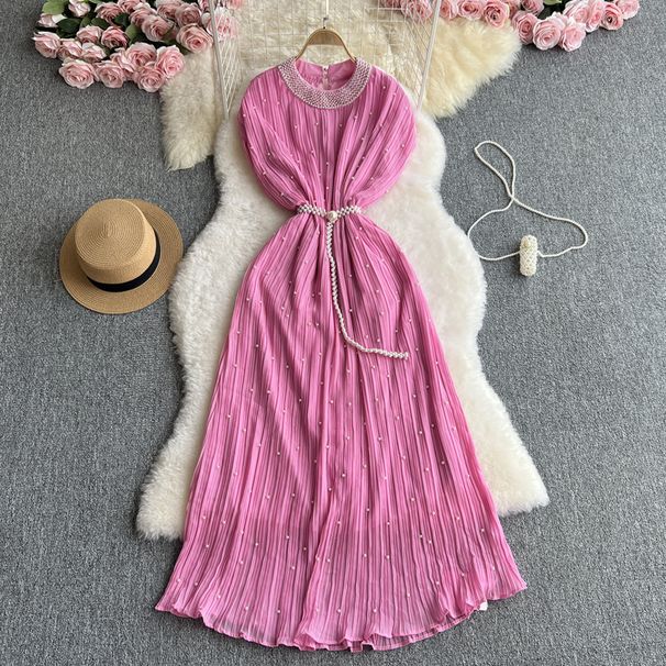 Women's Clothing Fashion Dress Heavy Beaded Straps Waisted Short Sleeved Pleated Elegant Long Skirt_ecoleips.com