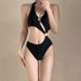 Women's High-Waist Cutout One-Piece Swimsuit Black Monokini Sexy Design for Hot Springs And Pool_ecoleips.com