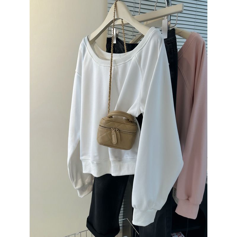European American Style Solid Color Off-shoulder Pullover Sweatshirt For Women, Spring And Autumn Thin Loose Long-sleeve_ecoleips.com