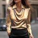 Women's Clothing Printed Notch Collar Blouse – Women’s Swing Hem Long-Sleeve Top (Floral/Abstract/Geometric, S-XL)_ecoleips.com