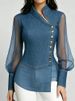 Elegant Slimming Side Button Patchwork Organza Denim Shirt Women's Fashion Top_ecoleips.com