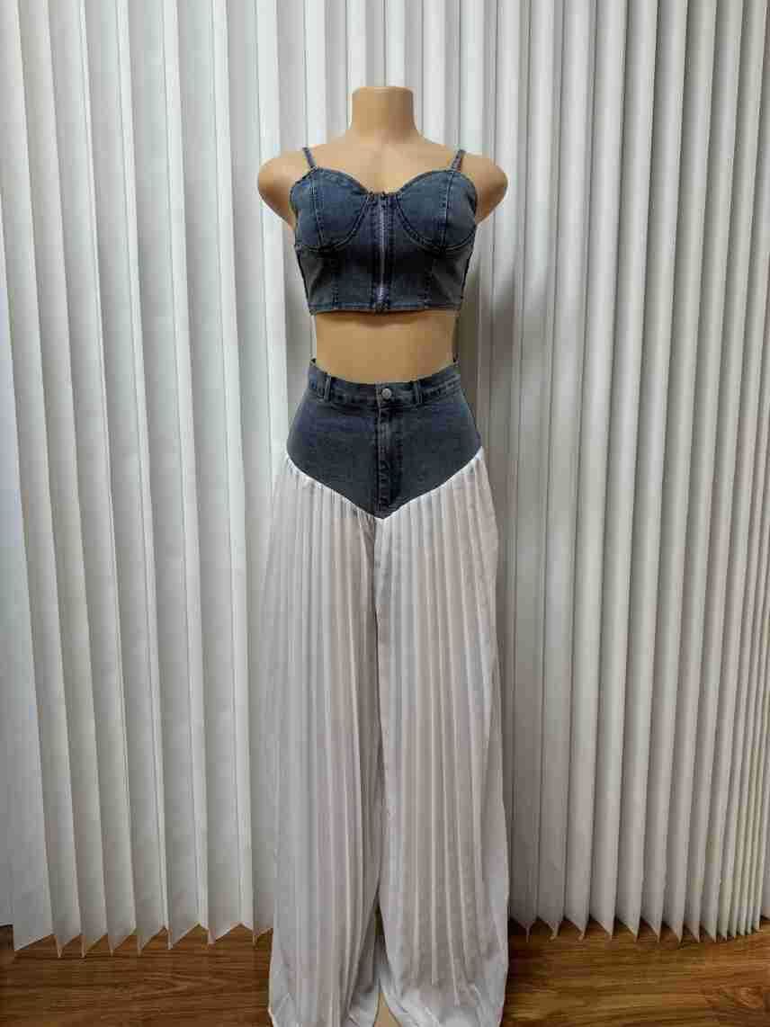 Women's Clothing New Suspender V Neck Vest Pleated Denim Chiffon Trousers Suit_ecoleips.com
