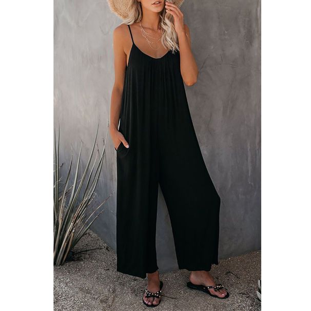 Summer New Women's Loose Casual Suspender Jumpsuit Solid Color Pockets_ecoleips.com