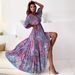Women's Clothing Long Sleeve Sexy Deep V Multicolor Large Flower Print Slit Dress_ecoleips.com