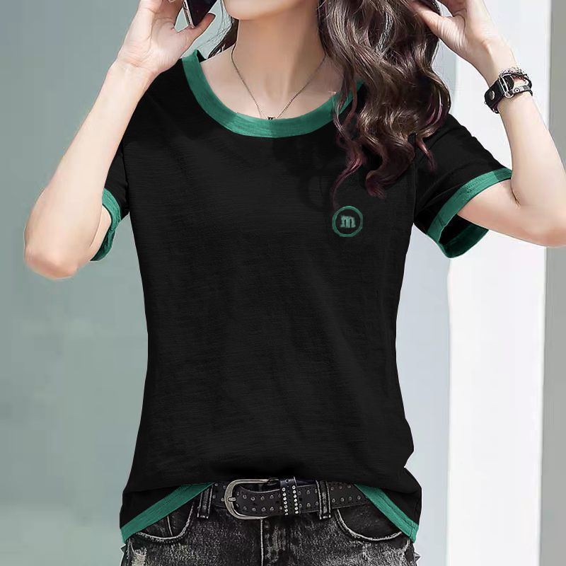 Dopamine Wear Color Short-Sleeved Summer Slub Cotton Loose Embroidered Top Slimming Large Size Women_ecoleips.com