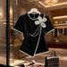 Women's Clothing Black And White Color Block 3D Floral Slim Fit Short Sleeve Top Versatile Women's For Formal & Casual For Women_ecoleips.com