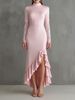 Women MockNeck Long Sleeve Lace Panel Pink Ruffle Slit Mermaid Maxi Dress Elegant Formal Summer Romantic Wedding Guest Slim Dres_ecoleips.com