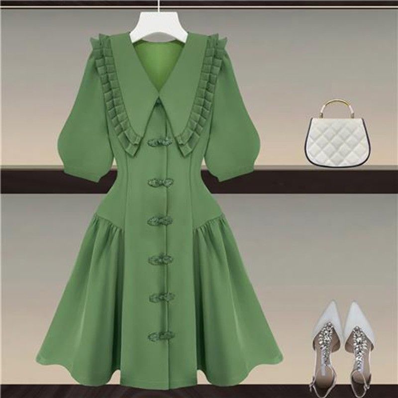 Women's Clothing Summer New Fat Girl Small Fragrance Style Temperament Doll Collar Waist Slim Suit Dress_ecoleips.com