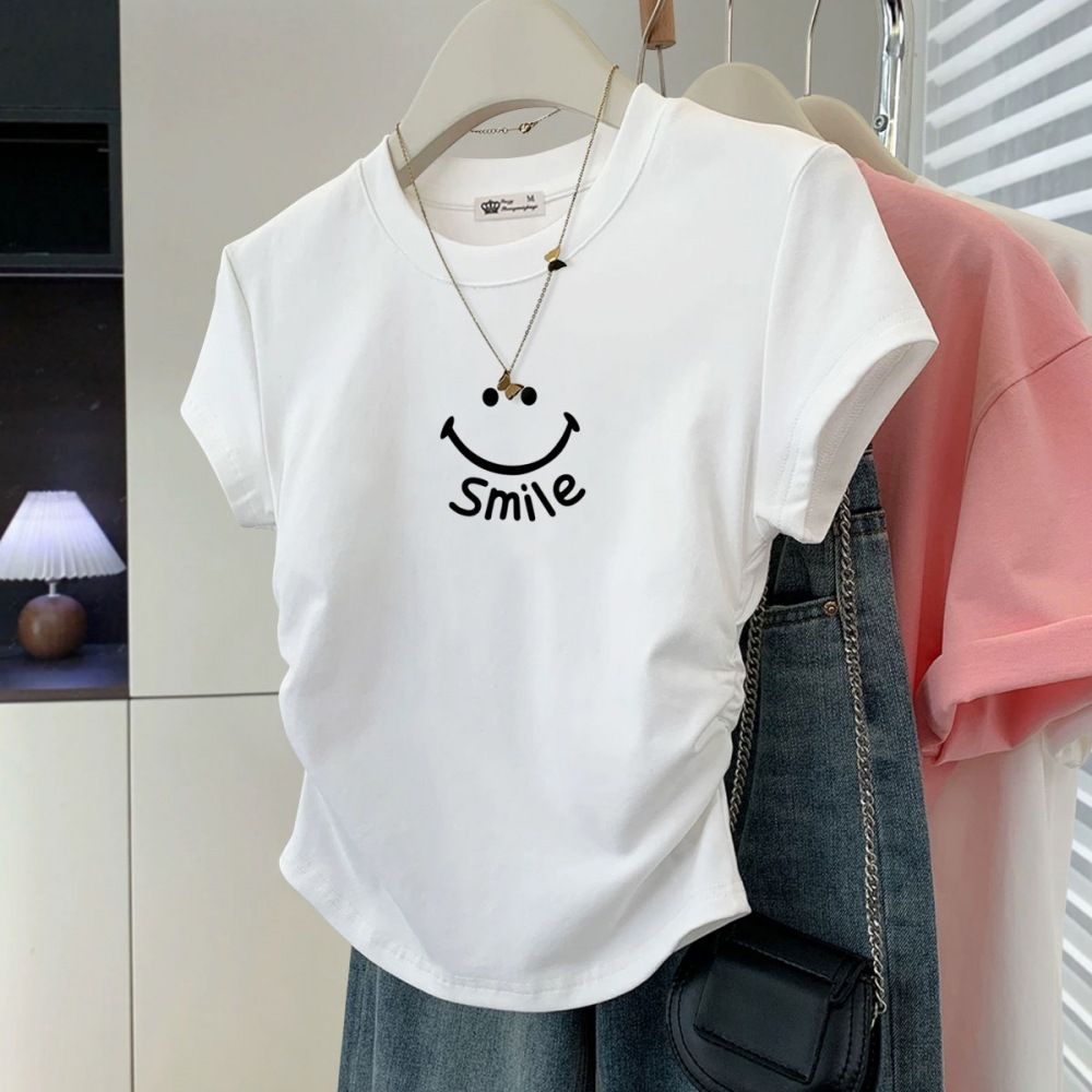 Women's Slim Fit round Neck Short Sleeve T-Shirt Petite Fashionable Printed Top Straight Shoulder Summer New Style_ecoleips.com