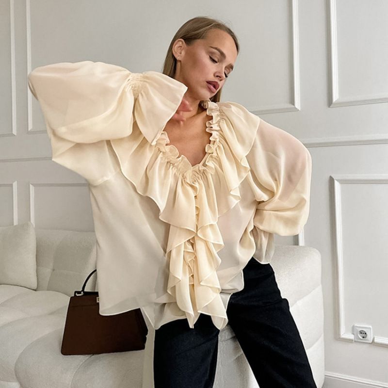 Design Ruffled White Chiffon Shirt Women's Loose Temperament Flying Sleeves V-Neck Pullover Top_ecoleips.com