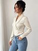 Elegant Style Women's Top, Thin Fashion Solid Color Beaded V-neck Long-sleeved Commuter Shirt, Daily Workplace Party_ecoleips.com