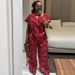 European American Women's Fashion Printed Short-sleeve Drawstring Waist Slimming Shirt And Wide-leg Pants African-style_ecoleips.com