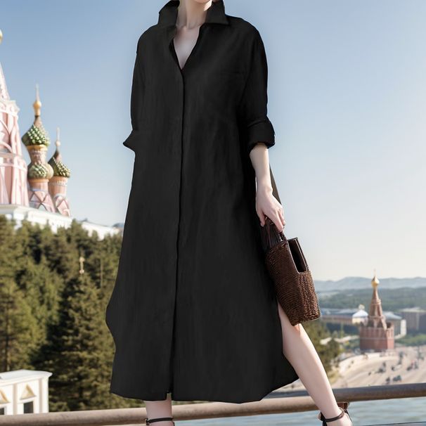Women's Clothing Color Long Sleeved Cardigan Shirt Casual Loose Irregular Slit Cotton And Linen Long Skirt_ecoleips.com