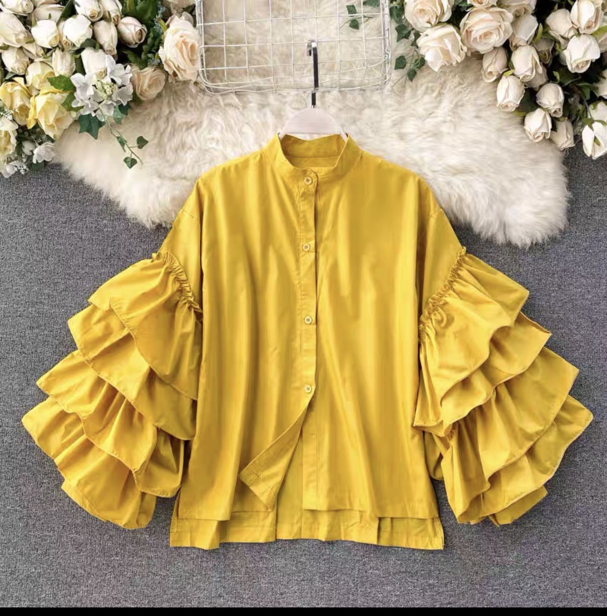 Verve Fashionable Women's Shirt With Multi-layer Ruffles, Flared Sleeves, Loose Fit, Versatile Stand Collar Top_ecoleips.com