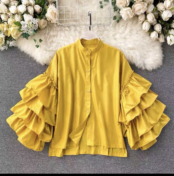 Verve Fashionable Women's Shirt With Multi-layer Ruffles, Flared Sleeves, Loose Fit, Versatile Stand Collar Top_ecoleips.com