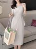 ZANZEA Elegant Women Slim Knee-length Dress Fashion Square Neck 3/4 Sleeve Seamed Party Vestidos Casual Commute Solid Short Robe_ecoleips.com
