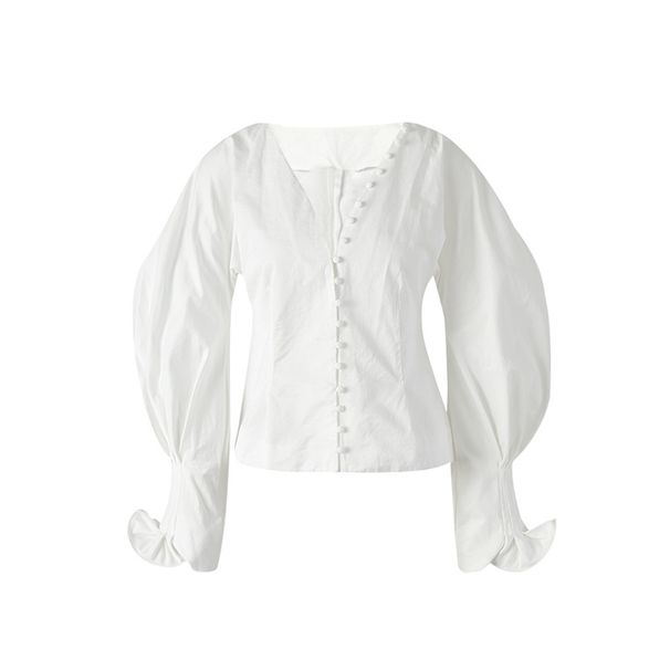 Spring/Summer Puff Sleeve Blouse – Cropped V-Neck Shirt With Cinched Waist & Ruffle Hem (S-XL, Lightweight Poly-Cotton)_ecoleips.com