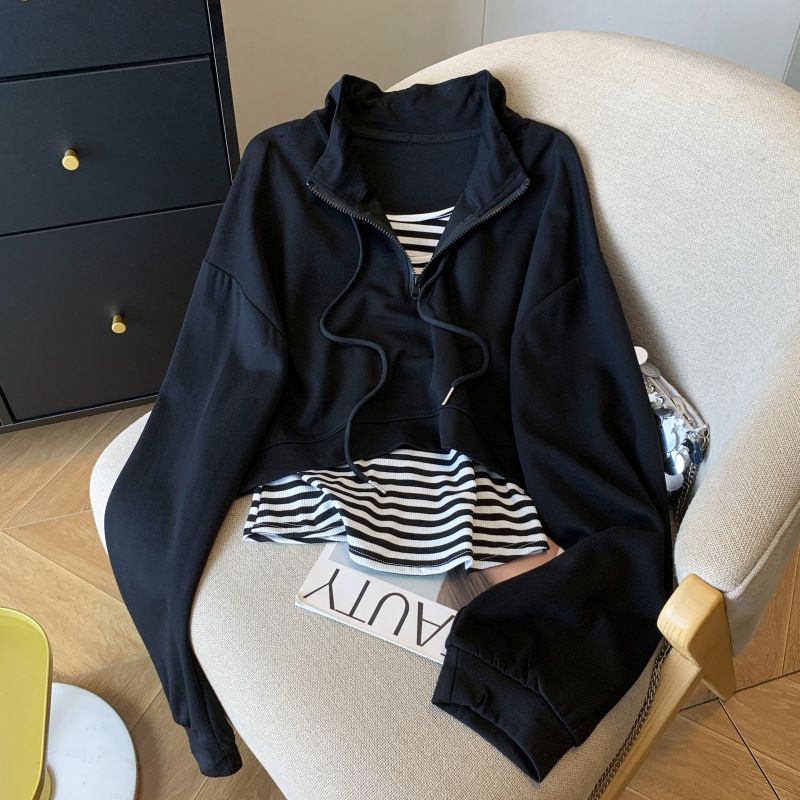 Women's Striped Vest & Cropped Hoodie Set – Stand Collar Long Sleeve Two-Piece Outfit | Casual Layering Essentials (S-2xl)_ecoleips.com