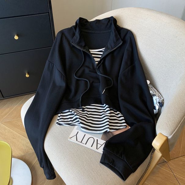 Women's Striped Vest & Cropped Hoodie Set – Stand Collar Long Sleeve Two-Piece Outfit | Casual Layering Essentials (S-2xl)_ecoleips.com