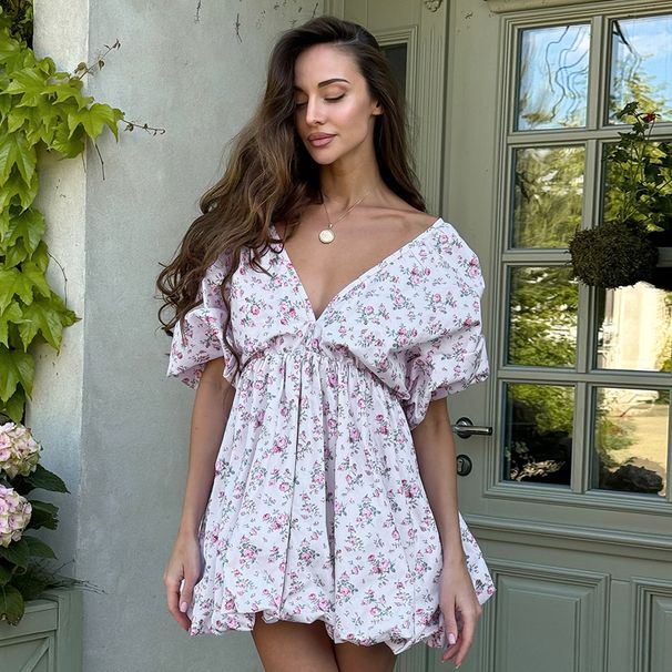 TARUXY Floral V-Neck Puff-Sleeve Dress Women's Bud Hem Sexy Backless Lace Up Short Dress 2026 Summer New Vacation Party Dress_ecoleips.com