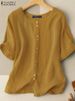 ZANZEA Summer Casual Loose Tunic Tops Women Vintage OL Shirt O Neck Short Sleeve Blouse Solid Cotton Blusas Buttons Down Chemise_ecoleips.com