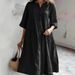 Women's Clothing Women's V Neck Dress Mid-Length Loose Version Cotton Linen Blend Half Sleeve Three Button Pocket Detail Style_ecoleips.com