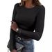 2025 Autumn New Product Fashion Women's Long Sleeve Elastic Round Neck Ribbed Slimming T-shirt Top_ecoleips.com