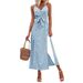 2023 European And American Cross-border Summer New Women's Elegant Strap Dress, Sexy Deep V-neck, Tie-waist, Slit Dress_ecoleips.com