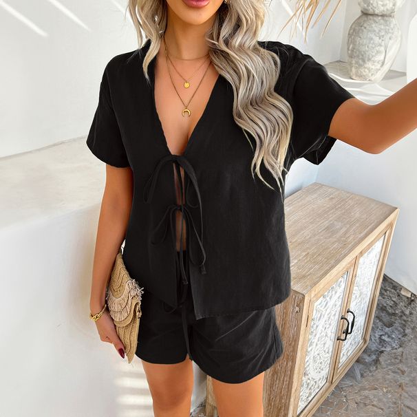 Diyun European American 2025 Spring Summer Casual Solid Color Vacation Style Short Sleeve Tie Top And_ecoleips.com