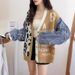 3D Geometric Knit Cardigan – Denim-Paneled Polyester Blend Open Front Sweater | Trendy Black/Yellow/Green/Pink (One Size)_ecoleips.com