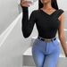 Voya Women's T-shirt For Spring And Summer, V-neck, Single-sided Long Sleeved Design, Slimming Top Design, Slimming Top_ecoleips.com