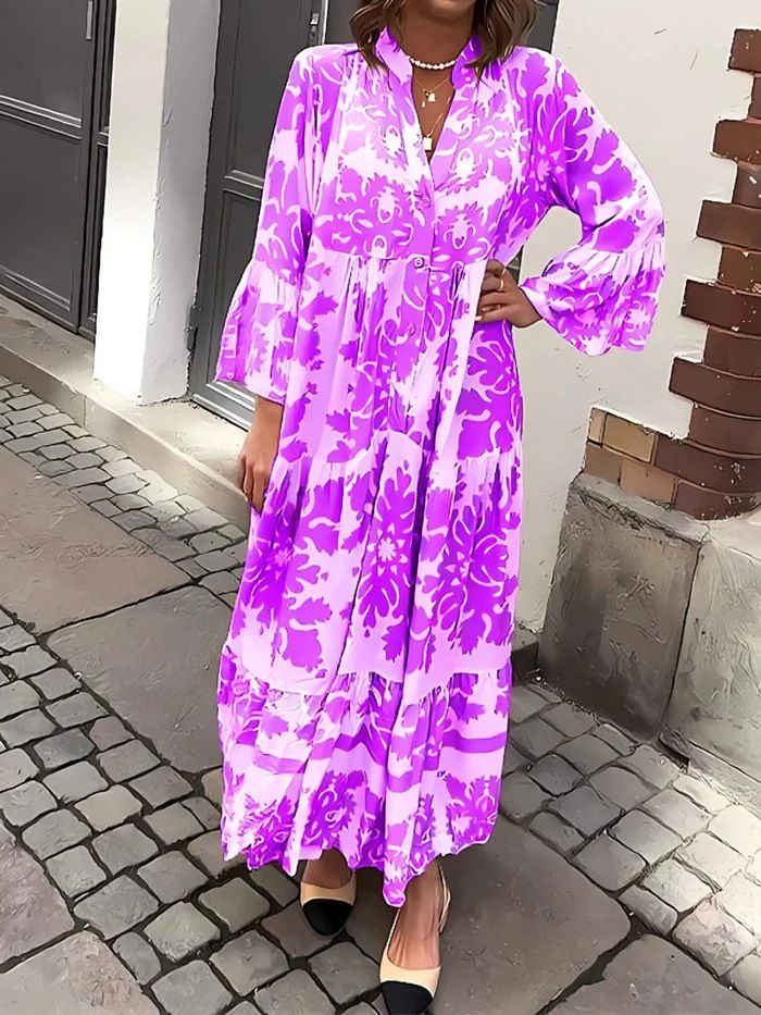 Women's Clothing New Stand Up Collar Trumpet Sleeve Printed Casual Dress_ecoleips.com
