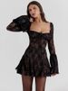 Mozision Elegant Print Mini Dress For Women Autumn Winter New Square Collar Long Sleeve Backless Loose Club Party Sexy Dress_ecoleips.com