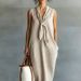 Summer Chinese Style Women's Dress Elegant Linen Straight Skirt round Neck A-Line Slim Fit Casual Vintage Fashion_ecoleips.com