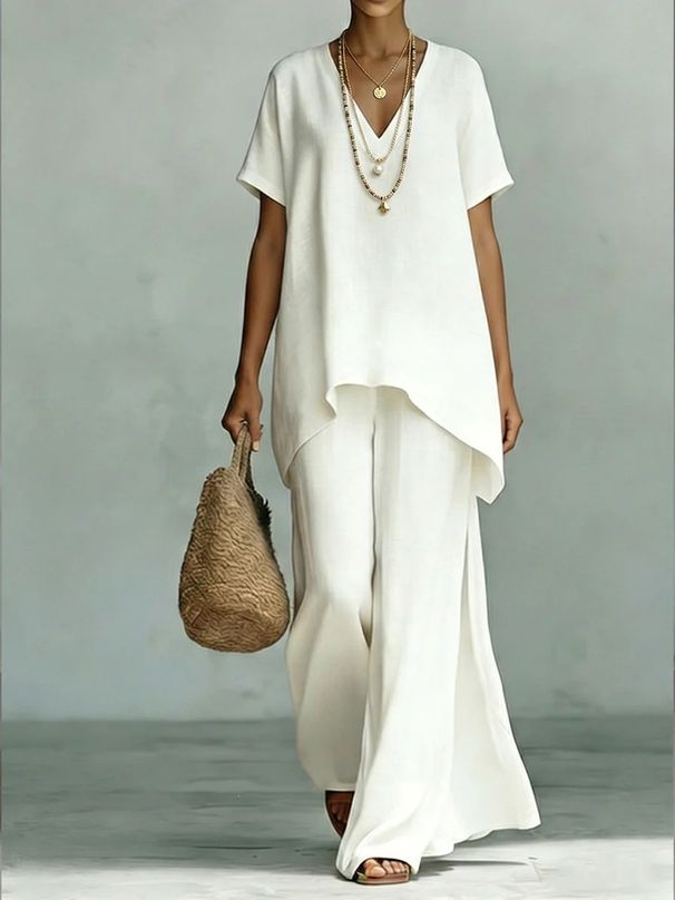 Women's Clothing V-Neck Short Sleeve Fashion Set Loose Top And Wide Leg Pants_ecoleips.com