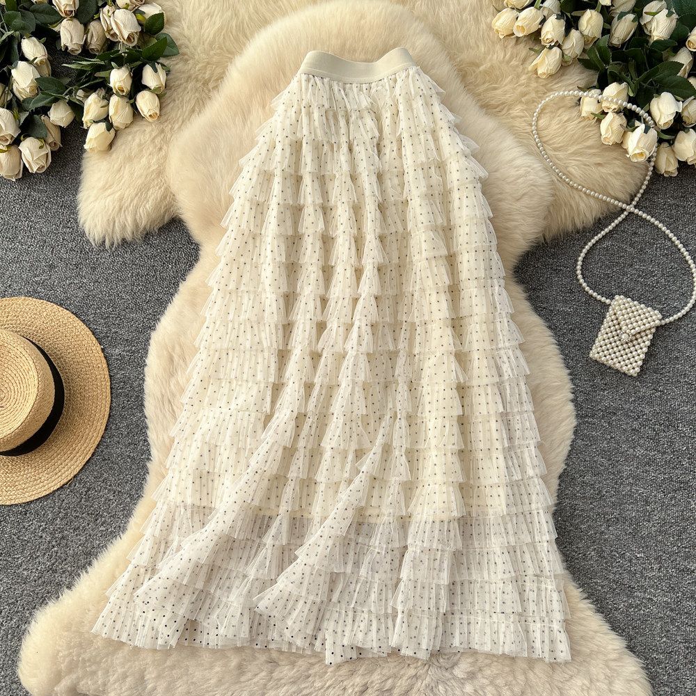 High Waisted Mesh Patchwork Cake Skirt For Women Fairy Like Layered Puffy Slimming Versatile A-Line Long Skirt Spring Style_ecoleips.com