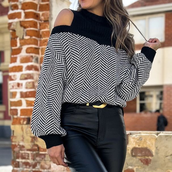 Women's Off-Shoulder Striped Knit Sweater - Soft Acrylic Blend, Relaxed Fit, Chic Half-Turtleneck, Fall & Winter Casual Pullover, Trendy Loose Sleeves_ecoleips.com