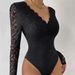 Women's Clothing Sexy Solid Color Lace Long Sleeved Hot Girl See Through Slim Jumpsuit_ecoleips.com