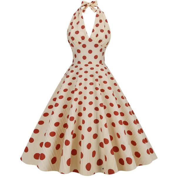 Vintage High-Waisted Polka-Dot Vacation Dress With A Hanger-Style Neckline, Backless Design, And A Flowing Mid-Length Sk_ecoleips.com