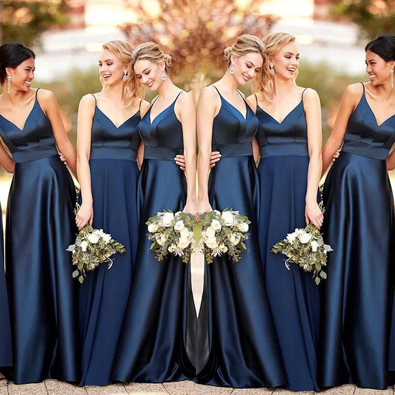 Navy Blue Satin Strapless Bridesmaid Dress Elegant A-Line Evening Gown for Weddings And Parties_ecoleips.com