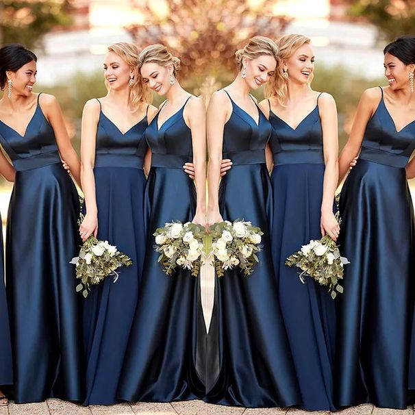 Navy Blue Satin Strapless Bridesmaid Dress Elegant A-Line Evening Gown for Weddings And Parties_ecoleips.com
