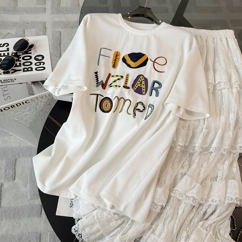 Women's Clothing Casual Fashion Suits For Women Summer New Style Net Red Round Neck Letter Print Short Sleeve Lace Long Skirt Two Piece Suit_ecoleips.com