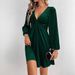 Voya Women's New Sexy V-neck Waist Cinched A-line Skirt Long Sleeved Party Velvet Dress_ecoleips.com