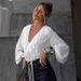 Aria Basics Aria Basics European American Fashion White Ruffled Blouse Women, Autumn Design With V-neck And Lantern Sleeves, Chiffon Shirt For_ecoleips.com