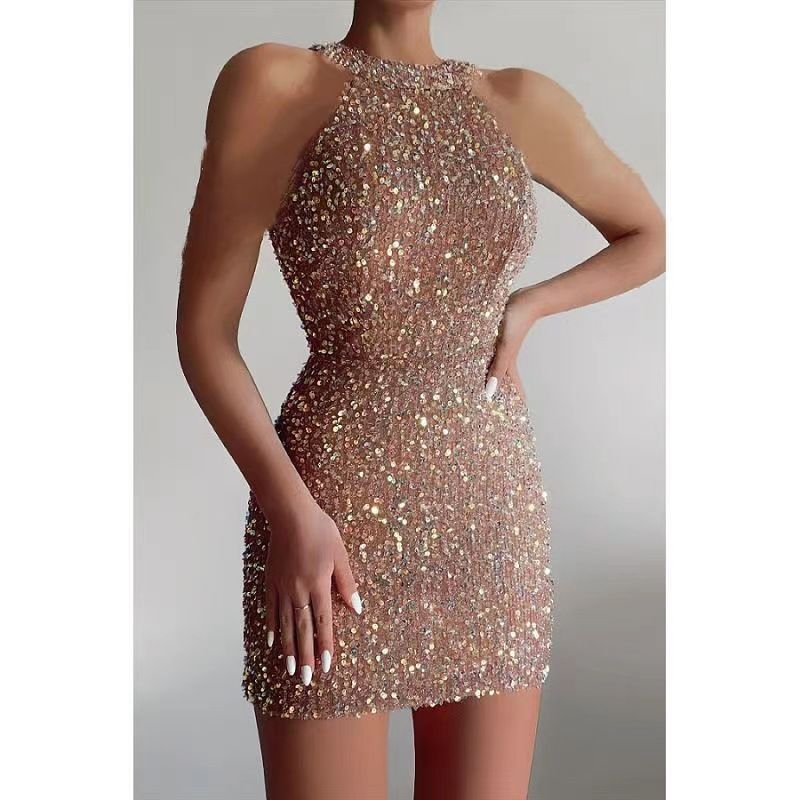 Fashion Halter Sexy Crystal Tassel Sequin Bodycon Dress Mid Waist European American Style Evening Party Dress_ecoleips.com